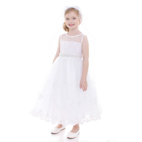 Petite Adele Little Girls White Lace Pearl Belt Flower Girl Dress 2T-6 - SophiasStyle.com